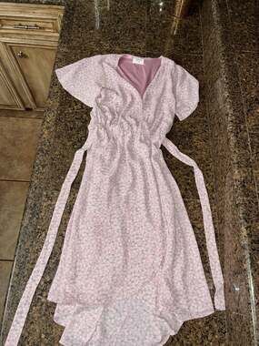 Sienna Sky Pink Ditsy Floral V-Neck Wrap Midi Dress with Flutter Sleeves